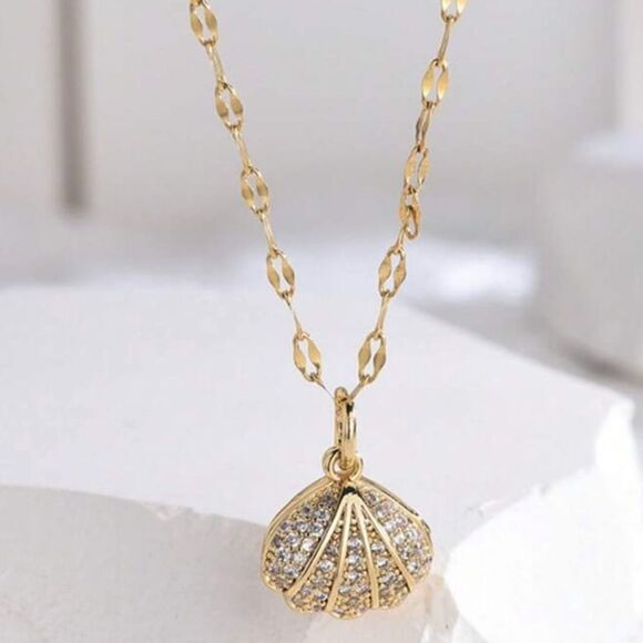 SALE 18k Stamped Gold Filled Crystal Sea Shell Pearl Pendant Necklace - Picture 2 of 6